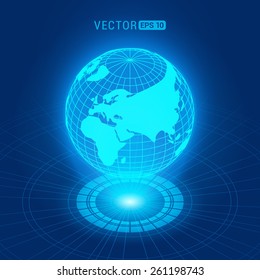 Holographic globe with continents against the dark-blue abstract background with circles and light source