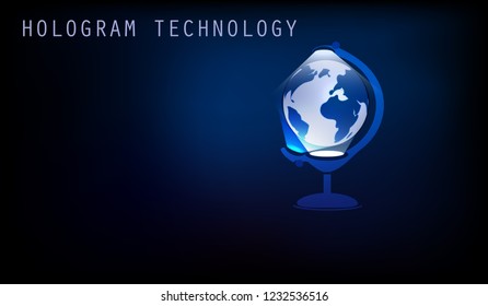 Holographic globe. Futuristic technology. Hologram earth. Internet banner. Blue textures. Black background. Vector. Geography. Realistic planet.
