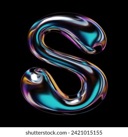 Holographic, glossy 3D letter S in Y2K style with liquid glass or metal texture, featuring a sleek and shiny balloon bubble design, retro-futuristic 2000s vector illustration