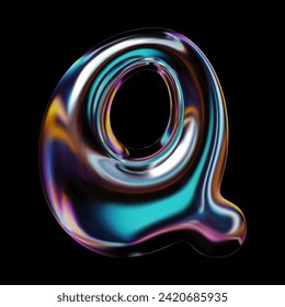 Holographic glossy 3D Q letter, Y2K liquid glass or metal, sleek shiny balloon bubble design, retro-futuristic 2000s vector