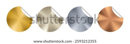 Holographic gold prize sticker. Gradient bronze coin plate, golden metal tag with peel off edge. Glitter bonus foil promo stamp. Silver elegant round vector icon. Award mark circle button, new price