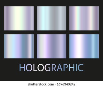 Holographic and golden foil texture background set. Vector graphic iridescent neon patterns. Gold hologram metalic gradient collection.