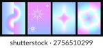 Holographic gradient background set with glowing star and sparkles, pastel mesh neon abstract UI templates collection