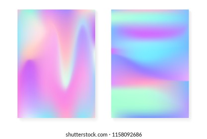 Holographic gradient background set with hologram cover. 90s, 80s retro style. Pearlescent graphic template for flyer, poster, banner, mobile app. Retro minimal holographic gradient.