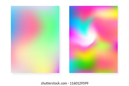 Holographic gradient background set with hologram cover. 90s, 80s retro style. Iridescent graphic template for flyer, poster, banner, mobile app. Multicolor minimal holographic gradient.