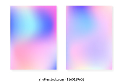 Holographic gradient background set with hologram cover. 90s, 80s retro style. Pearlescent graphic template for brochure, banner, wallpaper, mobile screen. Rainbow minimal holographic gradient.