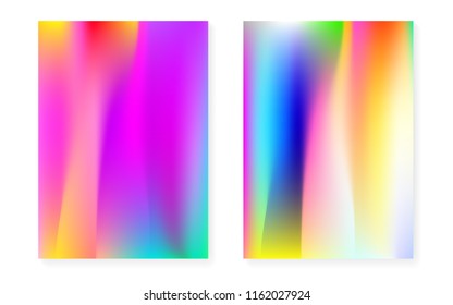 Holographic gradient background set with hologram cover. 90s, 80s retro style. Iridescent graphic template for placard, presentation, banner, brochure. Plastic minimal holographic gradient.