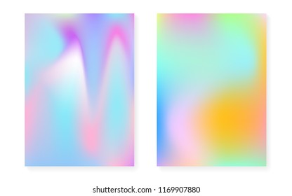 Holographic gradient background set with hologram cover. 90s, 80s retro style. Pearlescent graphic template for placard, presentation, banner, brochure. Trendy minimal holographic gradient.
