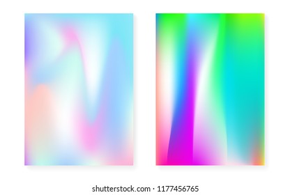 Holographic gradient background set with hologram cover. 90s, 80s retro style. Pearlescent graphic template for flyer, poster, banner, mobile app. Fluorescent minimal holographic gradient.