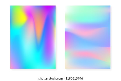 Holographic gradient background set with hologram cover. 90s, 80s retro style. Iridescent graphic template for placard, presentation, banner, brochure. Spectrum minimal holographic gradient.