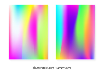 Holographic gradient background set with hologram cover. 90s, 80s retro style. Pearlescent graphic template for flyer, poster, banner, mobile app. Spectrum minimal holographic gradient.