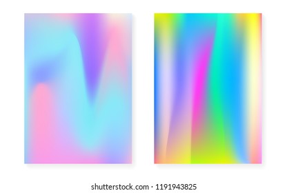 Holographic gradient background set with hologram cover. 90s, 80s retro style. Pearlescent graphic template for brochure, banner, wallpaper, mobile screen. Plastic minimal holographic gradient.
