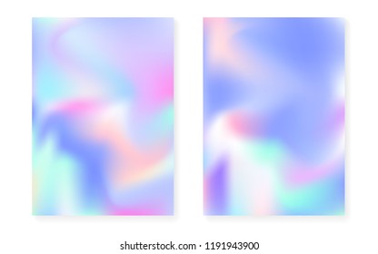 Holographic gradient background set with hologram cover. 90s, 80s retro style. Pearlescent graphic template for book, annual, mobile interface, web app. Bright minimal holographic gradient.