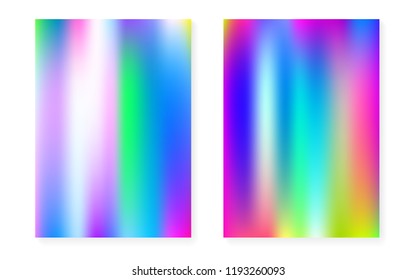 Holographic gradient background set with hologram cover. 90s, 80s retro style. Pearlescent graphic template for flyer, poster, banner, mobile app. Vibrant minimal holographic gradient.