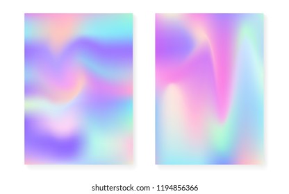 Holographic gradient background set with hologram cover. 90s, 80s retro style. Iridescent graphic template for flyer, poster, banner, mobile app. Hipster minimal holographic gradient.