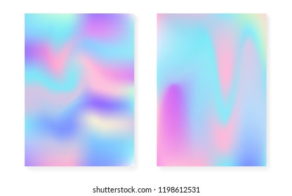 Holographic gradient background set with hologram cover. 90s, 80s retro style. Iridescent graphic template for book, annual, mobile interface, web app. Hipster minimal holographic gradient.
