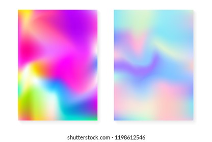 Holographic gradient background set with hologram cover. 90s, 80s retro style. Pearlescent graphic template for placard, presentation, banner, brochure. Neon minimal holographic gradient.