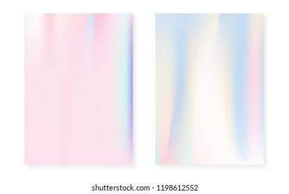 Holographic gradient background set with hologram cover. 90s, 80s retro style. Iridescent graphic template for brochure, banner, wallpaper, mobile screen. Fluorescent minimal holographic gradient.