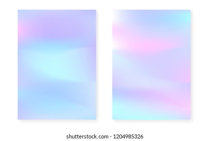 Holographic gradient background set with hologram cover. 90s, 80s retro style. Pearlescent graphic template for brochure, banner, wallpaper, mobile screen. Trendy minimal holographic gradient.