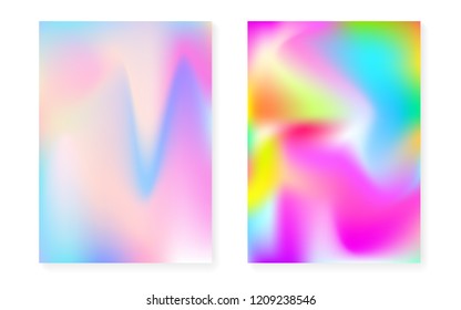 Holographic gradient background set with hologram cover. 90s, 80s retro style. Pearlescent graphic template for book, annual, mobile interface, web app. Vibrant minimal holographic gradient.