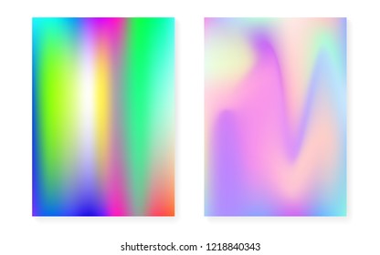 Holographic gradient background set with hologram cover. 90s, 80s retro style. Pearlescent graphic template for placard, presentation, banner, brochure. Hipster minimal holographic gradient.