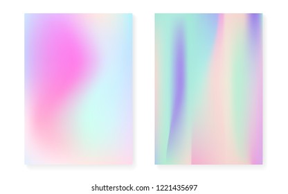 Holographic gradient background set with hologram cover. 90s, 80s retro style. Iridescent graphic template for brochure, banner, wallpaper, mobile screen. Hipster minimal holographic gradient.