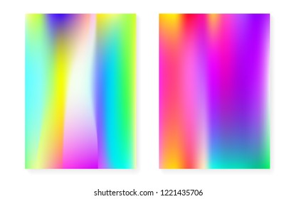 Holographic gradient background set with hologram cover. 90s, 80s retro style. Pearlescent graphic template for brochure, banner, wallpaper, mobile screen. Bright minimal holographic gradient.