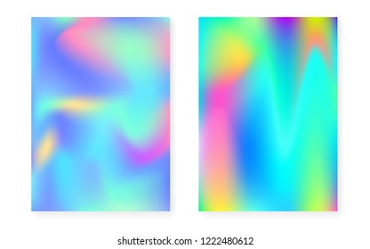 Holographic gradient background set with hologram cover. 90s, 80s retro style. Pearlescent graphic template for placard, presentation, banner, brochure. Spectrum minimal holographic gradient.