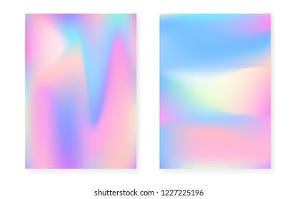 Holographic gradient background set with hologram cover. 90s, 80s retro style. Pearlescent graphic template for placard, presentation, banner, brochure. Futuristic minimal holographic gradient.