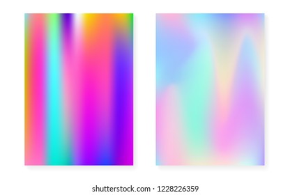 Holographic gradient background set with hologram cover. 90s, 80s retro style. Pearlescent graphic template for book, annual, mobile interface, web app. Spectrum minimal holographic gradient.