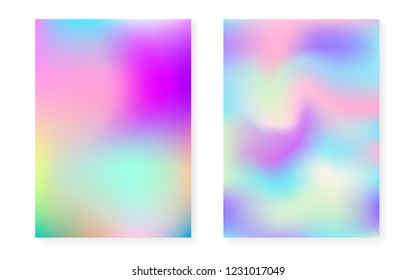 Holographic gradient background set with hologram cover. 90s, 80s retro style. Iridescent graphic template for flyer, poster, banner, mobile app. Retro minimal holographic gradient.