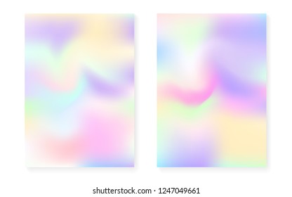 Holographic gradient background set with hologram cover. 90s, 80s retro style. Iridescent graphic template for placard, presentation, banner, brochure. Retro minimal holographic gradient.