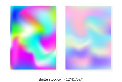 Holographic gradient background set with hologram cover. 90s, 80s retro style. Pearlescent graphic template for placard, presentation, banner, brochure. Spectrum minimal holographic gradient.