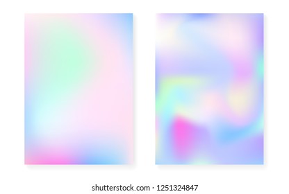 Holographic gradient background set with hologram cover. 90s, 80s retro style. Pearlescent graphic template for placard, presentation, banner, brochure. Rainbow minimal holographic gradient.