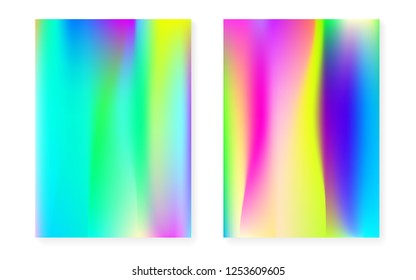 Holographic gradient background set with hologram cover. 90s, 80s retro style. Pearlescent graphic template for placard, presentation, banner, brochure. Futuristic minimal holographic gradient.