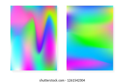 Holographic gradient background set with hologram cover. 90s, 80s retro style. Iridescent graphic template for flyer, poster, banner, mobile app. Multicolor minimal holographic gradient.