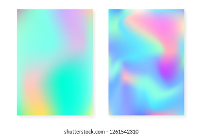 Holographic gradient background set with hologram cover. 90s, 80s retro style. Pearlescent graphic template for book, annual, mobile interface, web app. Spectrum minimal holographic gradient.