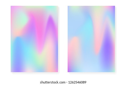 Holographic gradient background set with hologram cover. 90s, 80s retro style. Iridescent graphic template for book, annual, mobile interface, web app. Neon minimal holographic gradient.