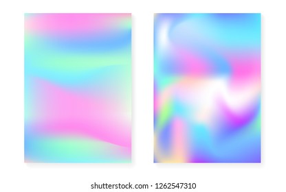 Holographic gradient background set with hologram cover. 90s, 80s retro style. Iridescent graphic template for book, annual, mobile interface, web app. Retro minimal holographic gradient.