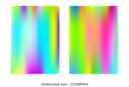 Holographic gradient background set with hologram cover. 90s, 80s retro style. Iridescent graphic template for flyer, poster, banner, mobile app. Futuristic minimal holographic gradient.