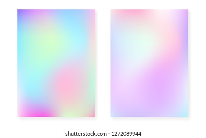 Holographic gradient background set with hologram cover. 90s, 80s retro style. Iridescent graphic template for flyer, poster, banner, mobile app. Vibrant minimal holographic gradient.