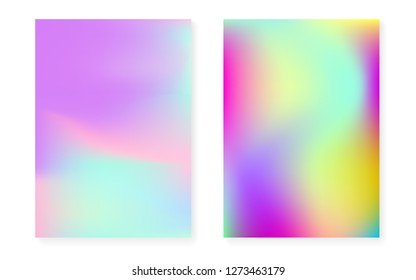 Holographic gradient background set with hologram cover. 90s, 80s retro style. Pearlescent graphic template for placard, presentation, banner, brochure. Fluorescent minimal holographic gradient.