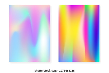 Holographic gradient background set with hologram cover. 90s, 80s retro style. Iridescent graphic template for flyer, poster, banner, mobile app. Vibrant minimal holographic gradient.