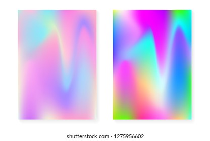 Holographic gradient background set with hologram cover. 90s, 80s retro style. Iridescent graphic template for flyer, poster, banner, mobile app. Fluorescent minimal holographic gradient.