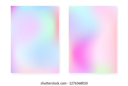 Holographic gradient background set with hologram cover. 90s, 80s retro style. Iridescent graphic template for book, annual, mobile interface, web app. Vibrant minimal holographic gradient.