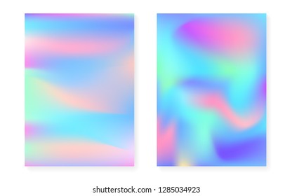 Holographic gradient background set with hologram cover. 90s, 80s retro style. Pearlescent graphic template for brochure, banner, wallpaper, mobile screen. Trendy minimal holographic gradient.