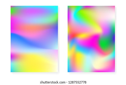 Holographic gradient background set with hologram cover. 90s, 80s retro style. Pearlescent graphic template for flyer, poster, banner, mobile app. Retro minimal holographic gradient.