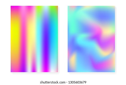 Holographic gradient background set with hologram cover. 90s, 80s retro style. Iridescent graphic template for flyer, poster, banner, mobile app. Bright minimal holographic gradient.