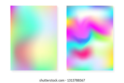 Holographic gradient background set with hologram cover. 90s, 80s retro style. Iridescent graphic template for flyer, poster, banner, mobile app. Rainbow minimal holographic gradient.