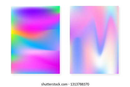 Holographic gradient background set with hologram cover. 90s, 80s retro style. Pearlescent graphic template for brochure, banner, wallpaper, mobile screen. Creative minimal holographic gradient.